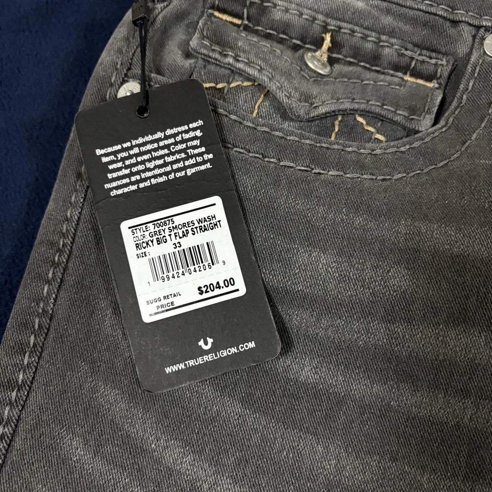 True Religion Jeans Mens Size 33x34 Ricky Big T Flap Relaxed Straight Gray Denim